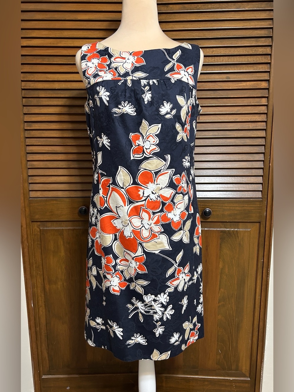 Ann Taylor Navy Shift Dress with Orange & Cream Floral Print Size 8